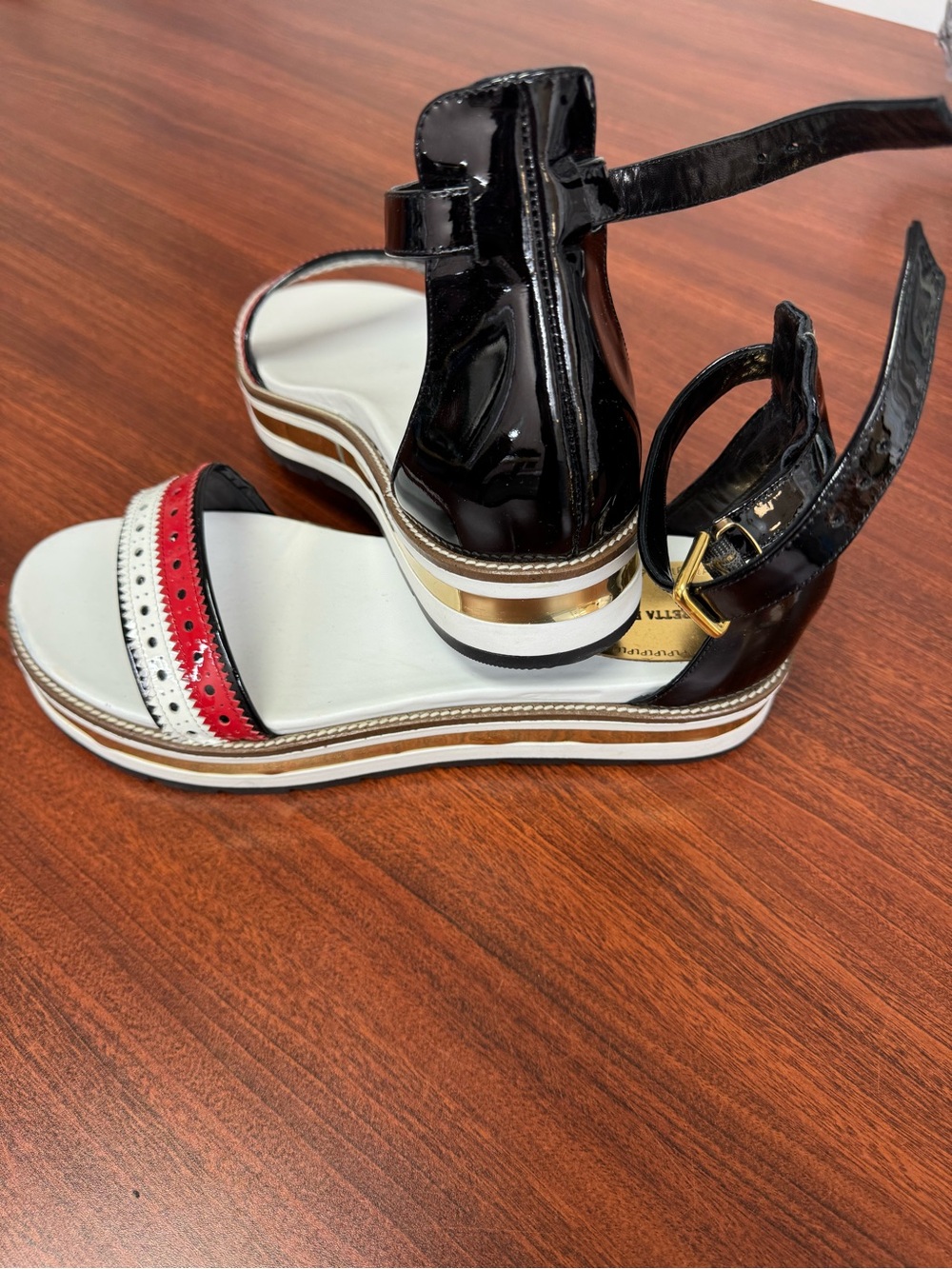 Patent Black and Red Platform Ankle-Strap Sandals with Gold Accent